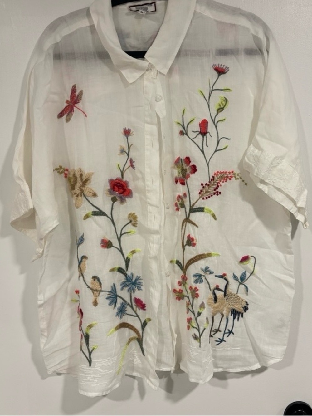 Johnny Was White Embroidered Floral & Bird Button-Down Shirt